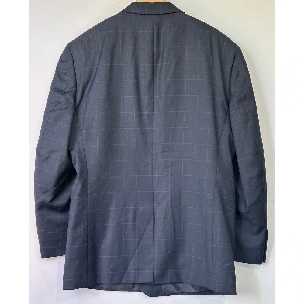Bill Blass Blazer Windowpane Worsted Wool Mens 46R Navy Blue Excellent